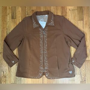 Dream Jeannes Quacker Factory Rhinestone Trim Jacket Brown Silver Bling Zip NWT